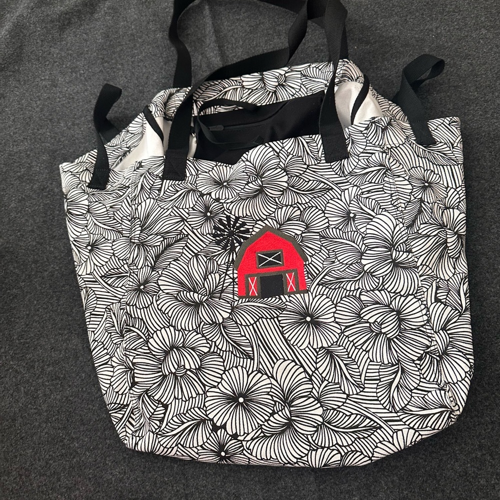 thirty-one Black & White Floral Tote with Red Barn Accent